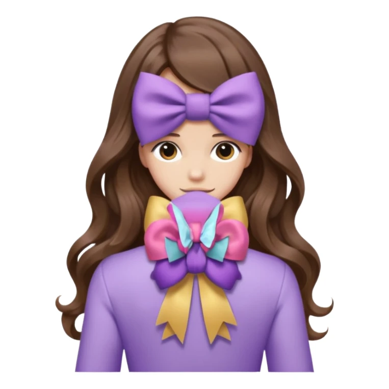 long wavy brown hair from behind with a medium lilac bow sticker