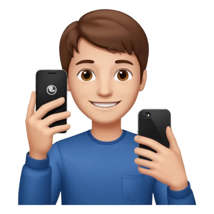 young manwith phone in histhand, happy, selfie style. @emoji sticker