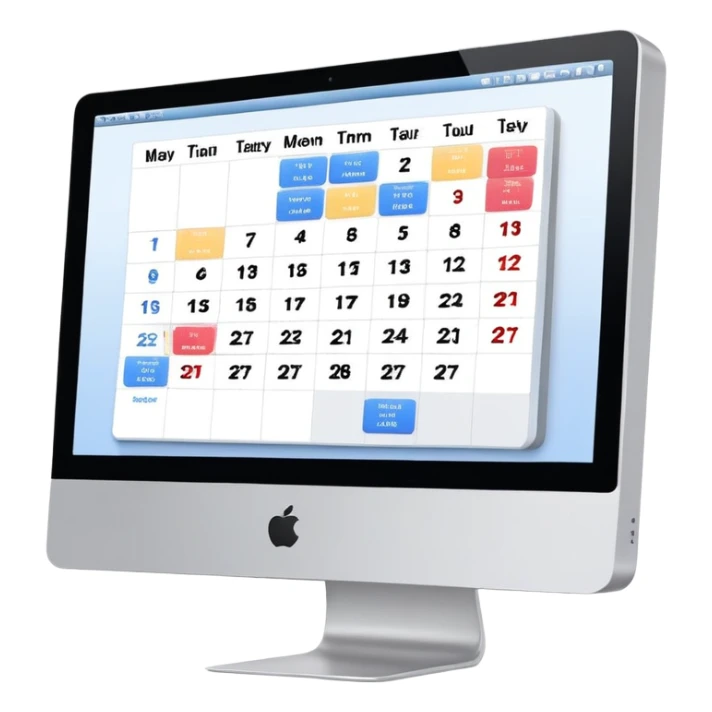 iMac screen showing day view calendar with time slots and booked appointments sticker