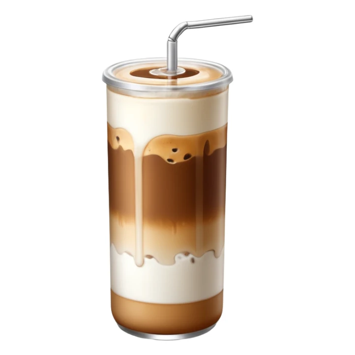 A tall transparent can of iced latte with a silver pull-tab lid. Brown coffee on top with ice, smooth white milk in the middle, and a light amber syrup layer at the bottom. “MAISON MOKA” written vertically in white on the can.

 sticker