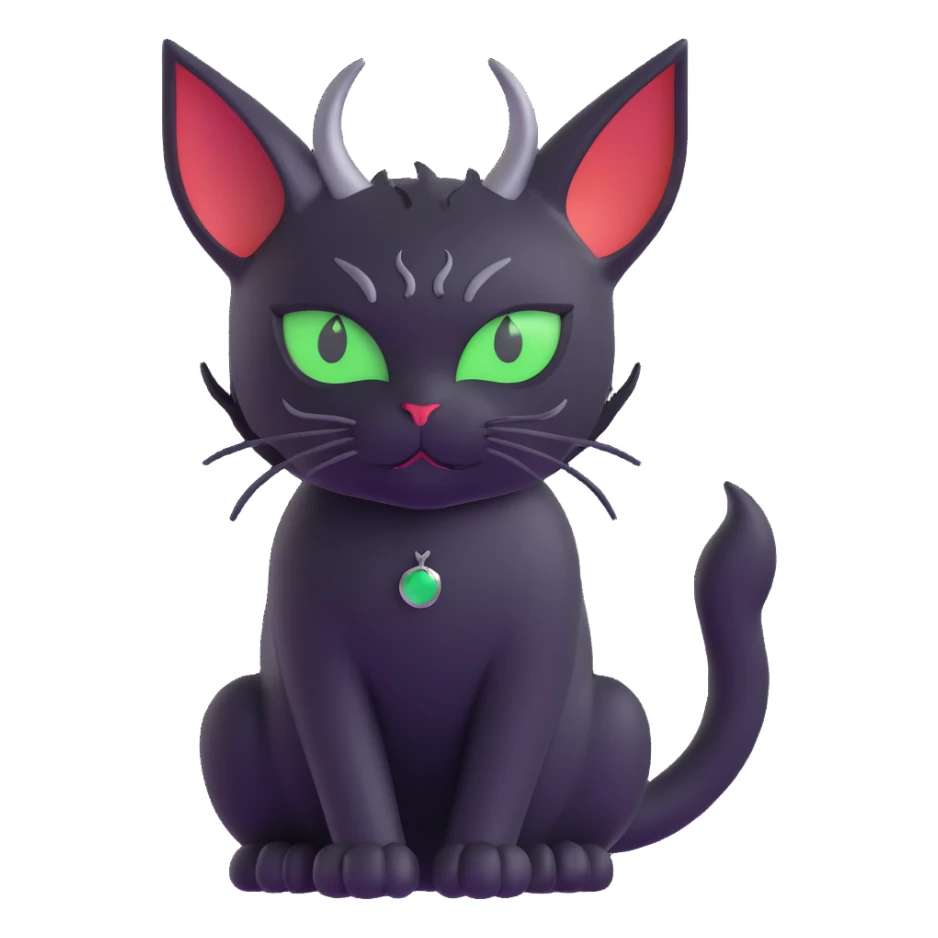 black cat with green eyes and demon horns, 3D style sticker