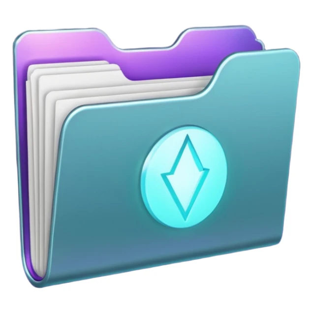 A minimalist glowing folder icon floating on a soft beige background, with subtle purple and teal lighting. The folder is slightly open, and a gentle magical light glows from inside — representing creativity and mystery. sticker