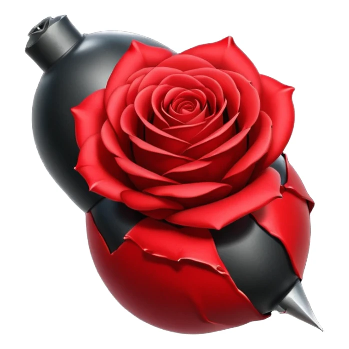 Deep red (#7A0F1E) no gradients, transparent background, high contrast, clean gothic aesthetic, designed to be readable at 128x129px a red rose wrapped around a bomb sticker