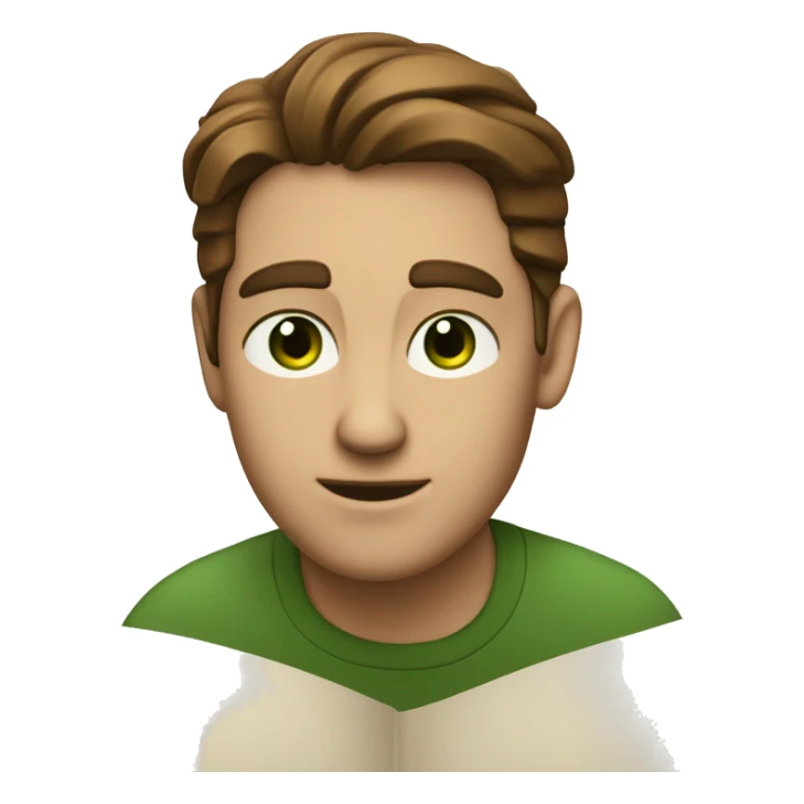 a light-skinned green-eyed man with styled brown hair (brushed back) sitting in front of the long white paper scroll sticker