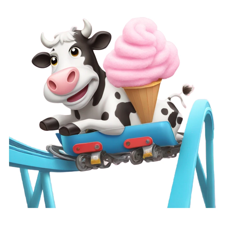 A cow on a roller coaster, holding a giant piece of cotton candy  sticker