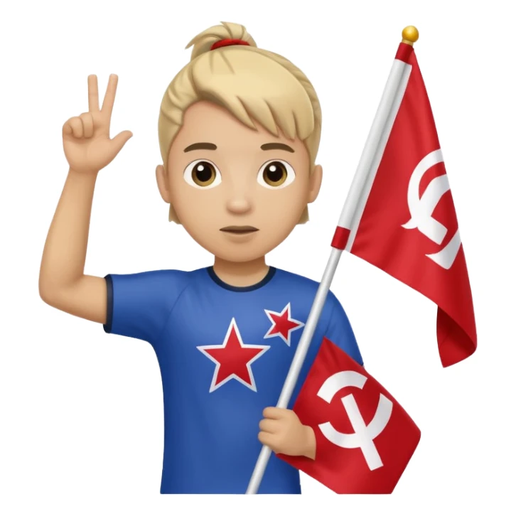 A pony tail hair boy holding a big team flag, waving it proudly with a determined expression. sticker