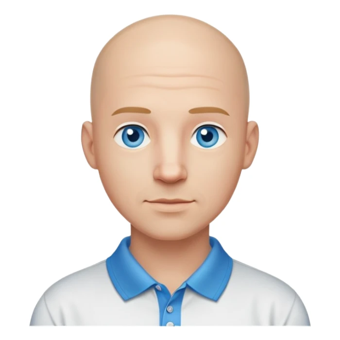 bald man, face and neck, blue eyes, kind face, polo shirt with an  IT background sticker