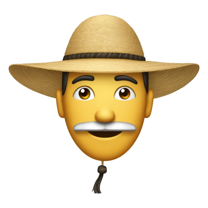 A generic emoji face with horizontal lines for eyes and a droopy horseshoe mustache, slightly smiling, wearing a traditional oriental rice hat sticker