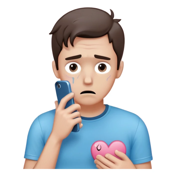 anxious man with wide worried eyes and slightly frowning mouth overthinking with sweat drops, a cracked heart symbol nearby, holding a phone in hand, body posture tense and reaching forward showing fear of abandonment, minimal soft rounded design with gentle blue and pink colors sticker