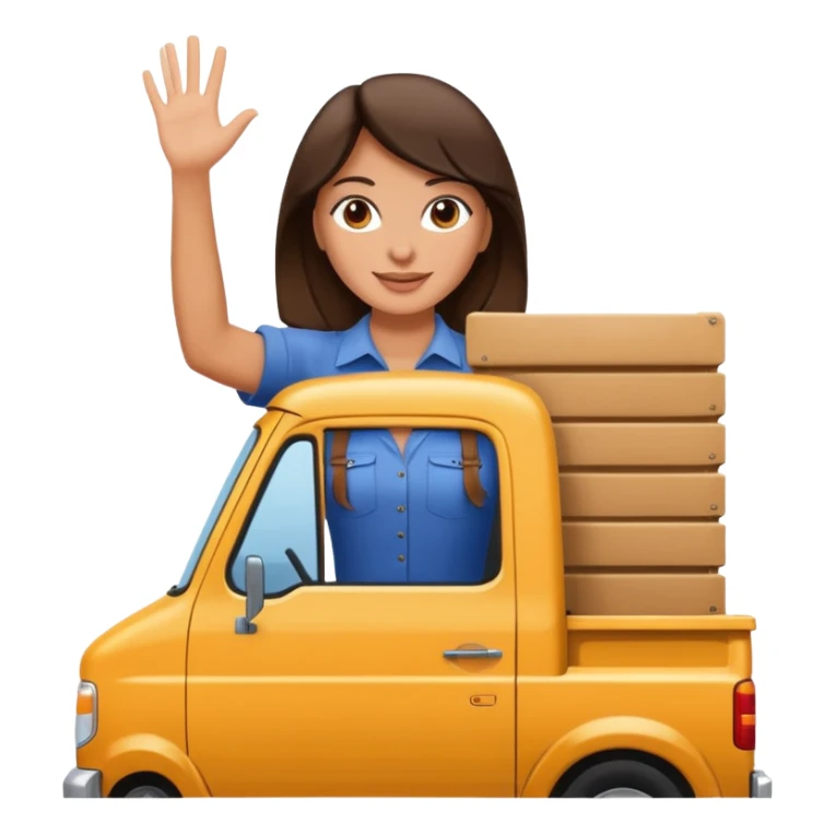 Brunette woman in back of truck waving  sticker