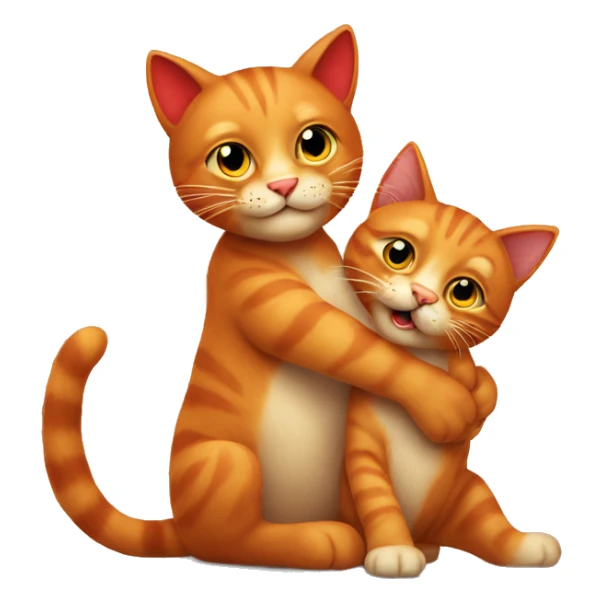 A big red cat playing with a small tricolour kitty sticker