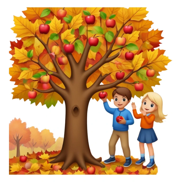 kids picking apples from a tree in autumn, colorful fall leaves, cheerful expressions sticker