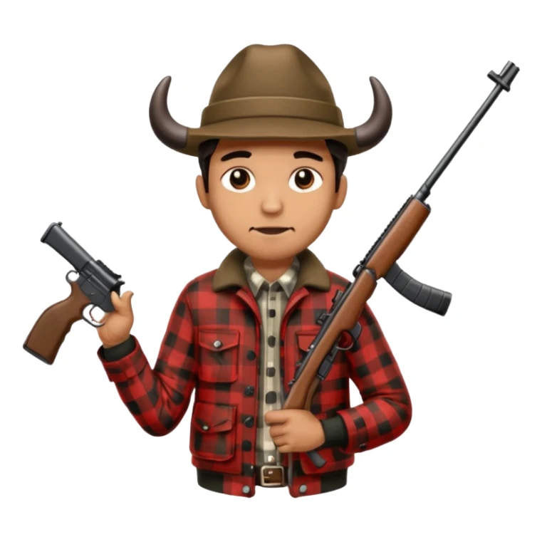 Man wearing buffalo plaid jacket with plaid hat, holding rifle sticker
