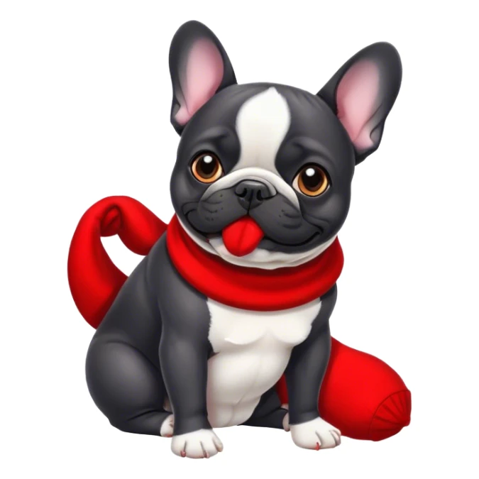 Black and white French Bouledogue eating a red sock  sticker