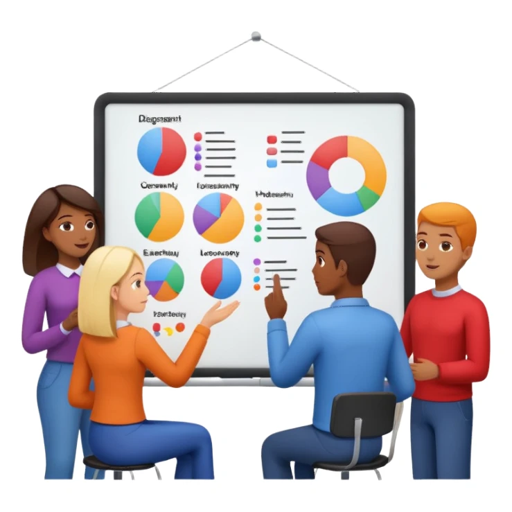 design team around a whiteboard with colorful diagrams sticker