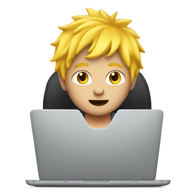 boy with yellow hair typin on laptop sticker