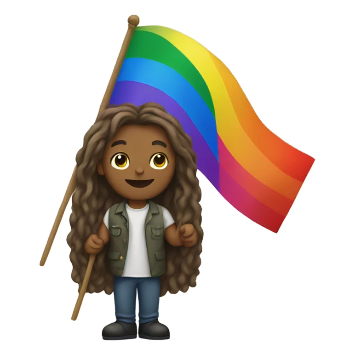 man with long hair holding rainbow flag sticker