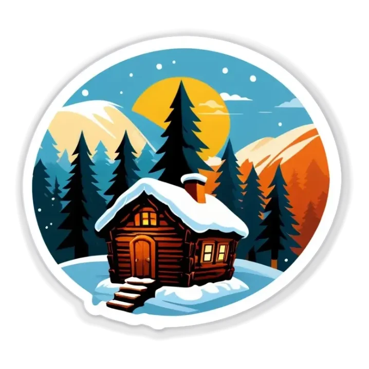 Eine Hütte im Wald mit einer Glaskuppel auf dem Dach, Winterlandschaft, Schnee und Nordlichter am Himmel sticker
