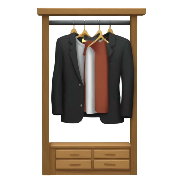Design an emoji-style icon of an open wardrobe with clothes hanging inside. Include details like a wooden frame, hangers, and black clothing items such as shirts or any other clothing . Use a clean and minimalistic design. sticker