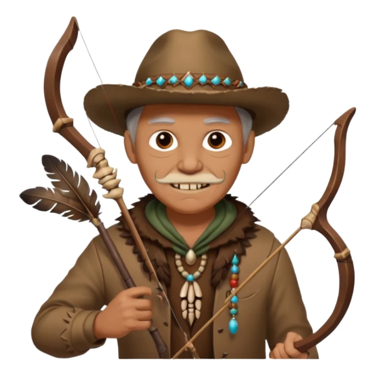 The classic image of a middle-aged uncle hunter carrying a bow, dressed in brown clothes, with some ornaments made of feathers, bones or teeth on his body. sticker