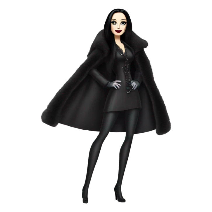 Dazzling Winter Barbie Morticia Addams .  Wearing coat gloves boots  sticker