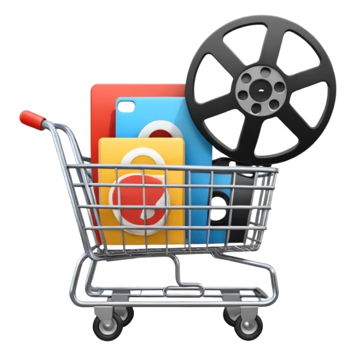shopping cart with video play buttons and a film reel inside sticker