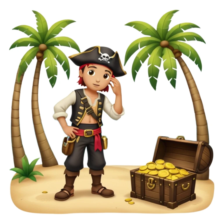 kid pirate with hand on forehead looking for something, one foot on treasure chest, palm trees in background sticker