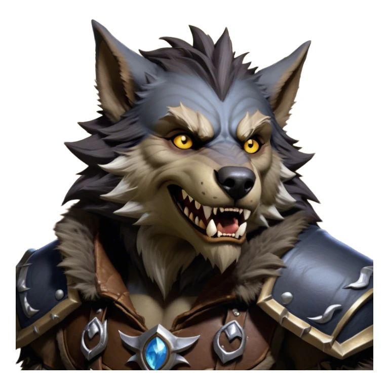 Cinematic Realistic WoW Worgen Portrait, head tilted dramatically with an exaggeratedly amused expression, blending ferocious beastliness with a touch of unexpected humor. His rugged fur, tanned skin, and worn leather garments are rendered with meticulous detail and dynamic lighting, high shine, dramatic yet whimsical, capturing the essence of a worgen whose epic might is tempered by a playful, irreverent charm. sticker