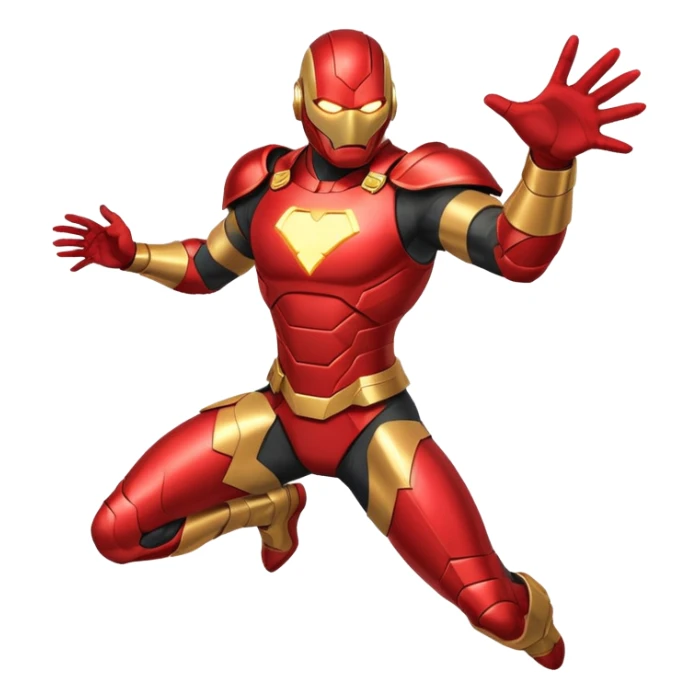 "A high-quality die-cut sticker of a tech-based armored superhero in a dynamic flying pose. Vibrant red and gold metallic plating, glowing circular chest piece, thick white border, flat vector art style, white background." sticker