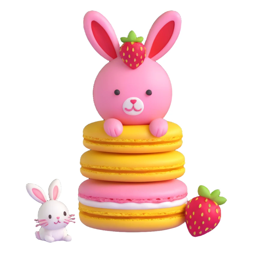 3D ios style macaron with strawberry and a bunny on top, yellow color sticker