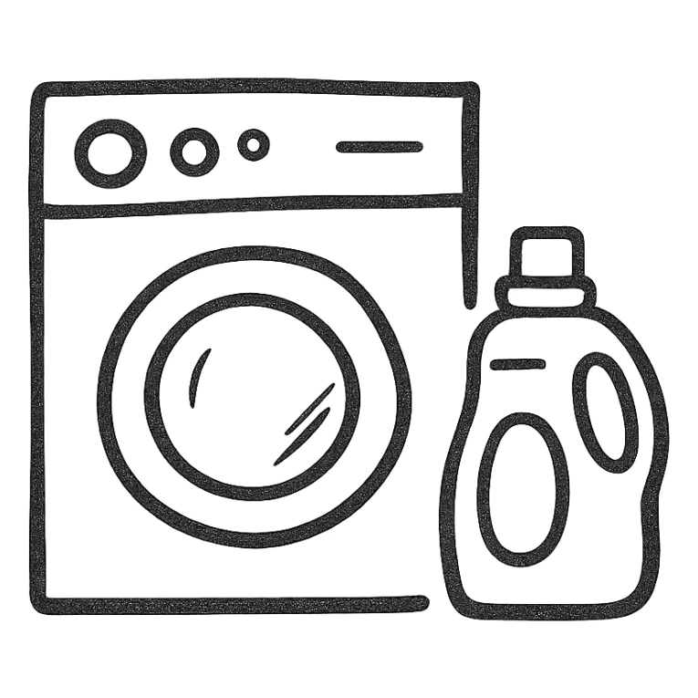 washing machine with detergent bottle beside it, hand drawn black outline icon, no fill sticker