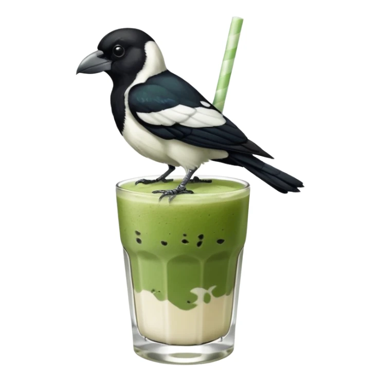  ONE Australien Magpie (just black and white feathers) sitting on an iced matcha latte on the edge of the glass. It has green matcha on its beak indicating it drank. The iced matxha latte is in a see through glass and white from the oat milk on the bottom and green on top… one straw and ice cubes sticker
