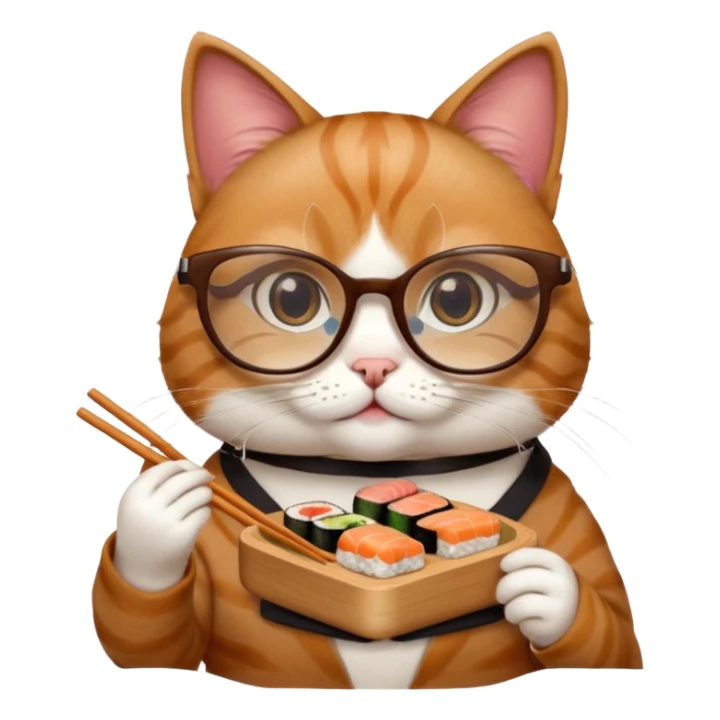 cute girl cat with really big square glasses with super thin frames eating sushi sticker