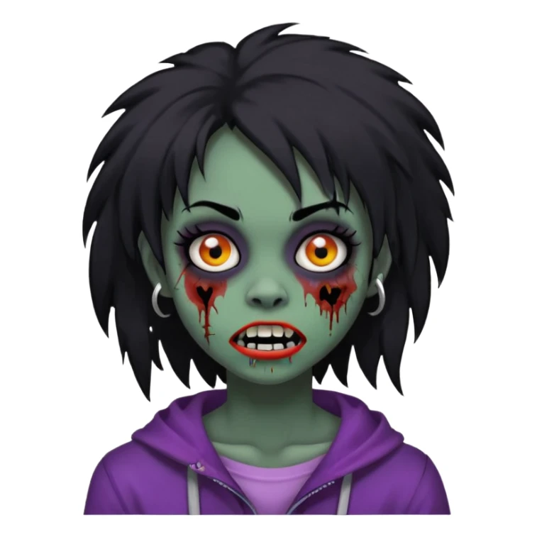 girl, zombie, black coily hair, medium long, emo, shaggy, dark, spooky, piercing on eyebrow, colourful teeth, creepy blank expression sticker