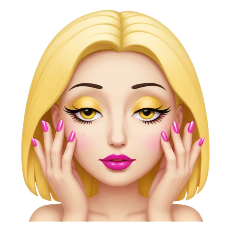 yellow nodding up and down face with stylized closed eyes, heavy false eyelashes, full lips, and two hands holding pink-painted long nails sticker