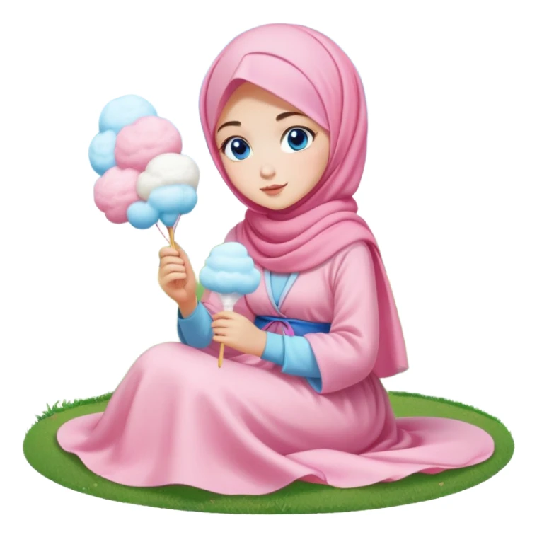 Turkish beautiful finish Konya girl blue eyes with cotton candy hijab long tail dress and sits on the grass on the ground and hold cotton candy on hand  sticker