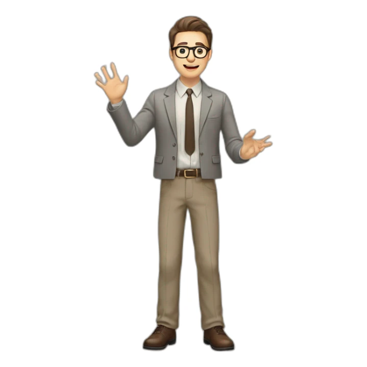 To belt Actively gesturing with hands Pale skinned fit man with dark brown hair in gray jacket, beige office shirt, brown tie, brown pants and vintage glasses. sticker