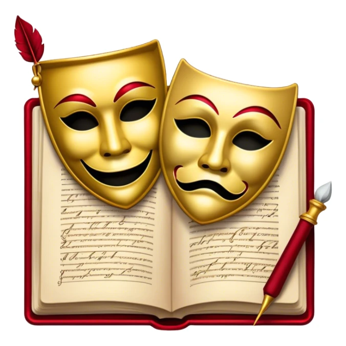 Create a bold and dramatic emoji representing the art of playwriting. The design should feature an open script or a theater playbook, with stylized text inside. Include elements like a theatrical comedy and tragedy masks, a stage spotlight, or a writting quill to symbolize creativity and performance. Use deep, contrasting colors like red, black, and gold to evoke the intensity and passion of drama. The overall design should feel dramatic, inspiring, and artistic. Make the background transparent. sticker