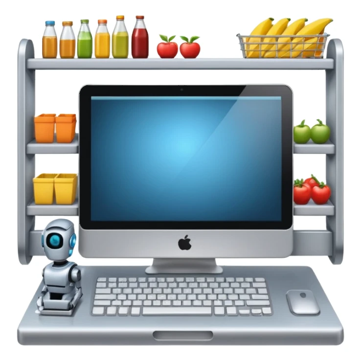 Grocery shelf design on a computer with a robot at the keyboard sticker