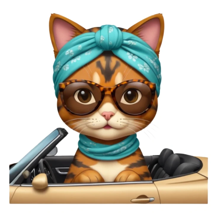 Tortoiseshell cat in a convertible wearing sunglasses and a head scarf sticker