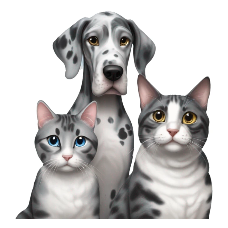 Blue Merle Great Dane next to two tabby cats and one black cat sticker