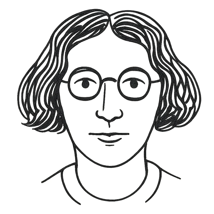 a hand drawn black outline portrait of philosopher Simone Weil with similar size eyes based a famous photograph of her sticker