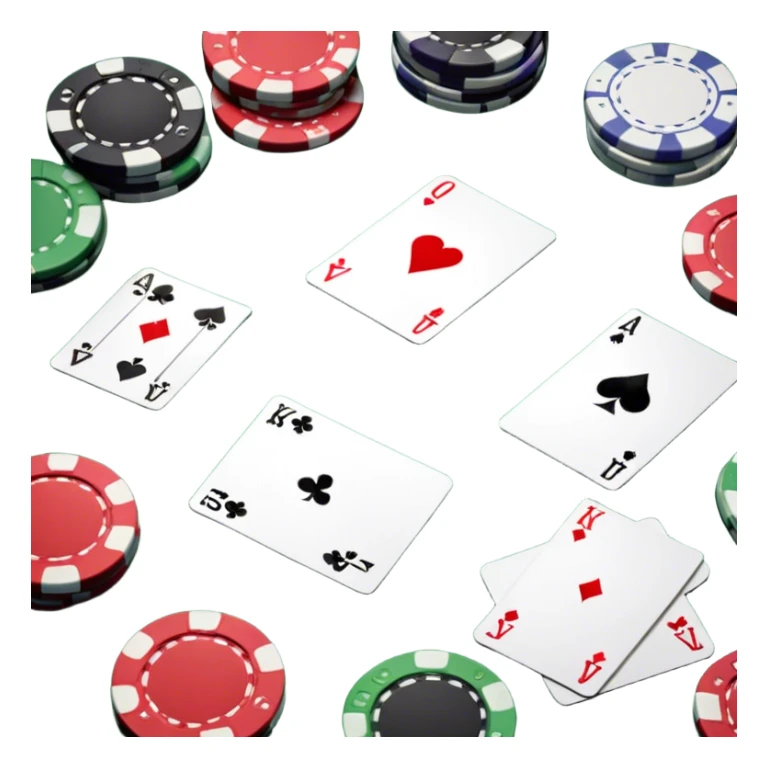 A photorealistic icon featuring playing cards and a stack of poker chips on a green felt table. Bright, detailed design with realistic textures and lighting. Transparent background, clearly symbolizing card games and strategy. sticker