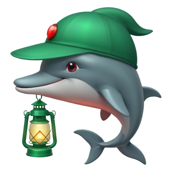 dolphin wearing green hat and a lantern with red light sticker
