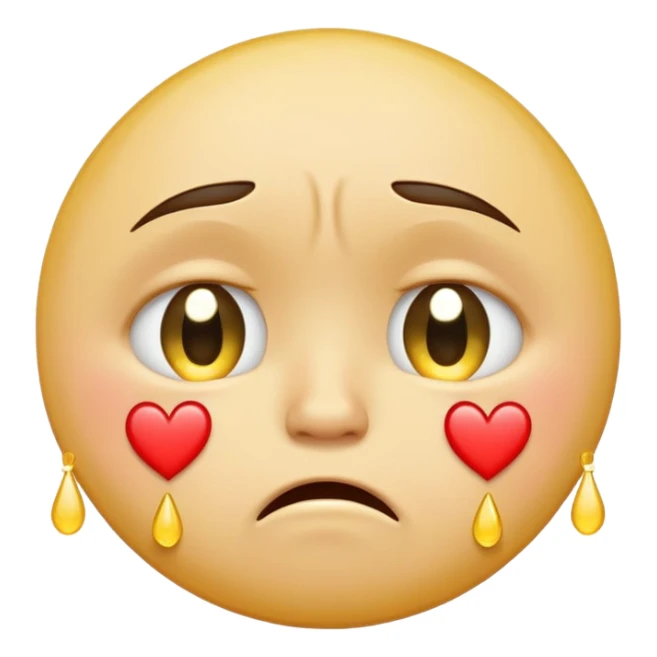 A yellow circular frowning face that is crying, with hearts floating from top to bottom sticker
