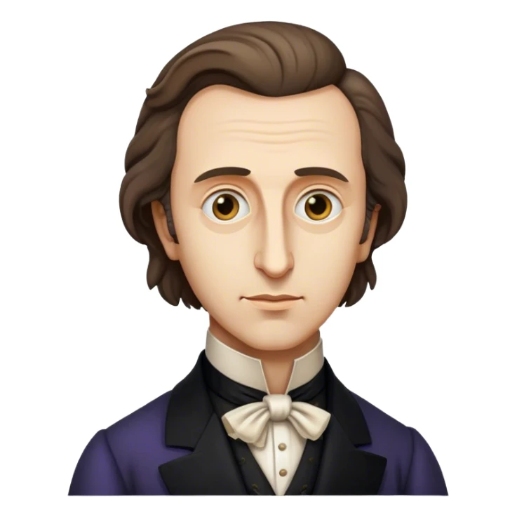 Cinematic Realistic Chopin Portrait Emoji, depicted as an introspective composer with expressive eyes and period attire, rendered with rich textured detail and soft classical lighting that captures his emotive musical genius. sticker
