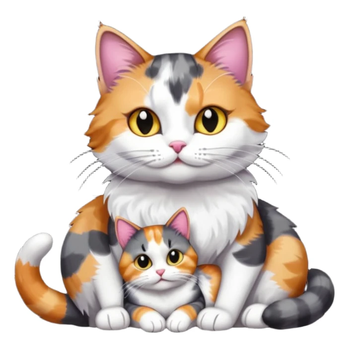 full body colourful light patched calico + white tabby cat cuddling a big dark grey and white tabby cat  sticker