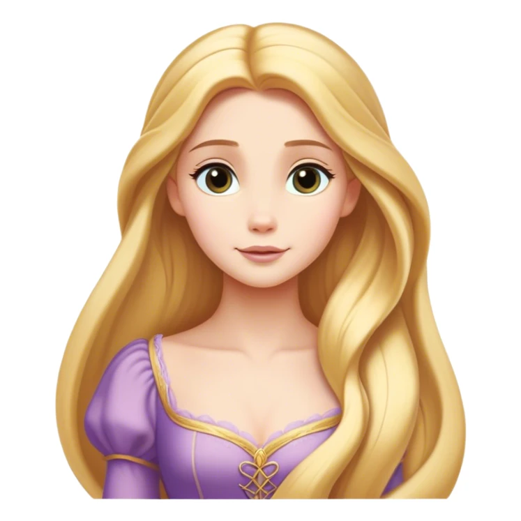 Cinematic Timeless Rapunzel Portrait Emoji, rendered in a clean, vector style. Depict Rapunzel with porcelain skin, beautifully styled long golden hair, and a serene, graceful expression, dressed in her classic gown. The design features bold, clean lines, a soft, magical glow, and a subtle glowing outline that captures her timeless, fairy-tale beauty. sticker