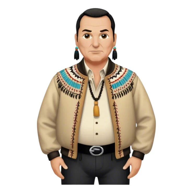 unhealthy steven segal standing balding with ponytail. pot belly. native american style jacket-with-tassles black pants big belly sticker