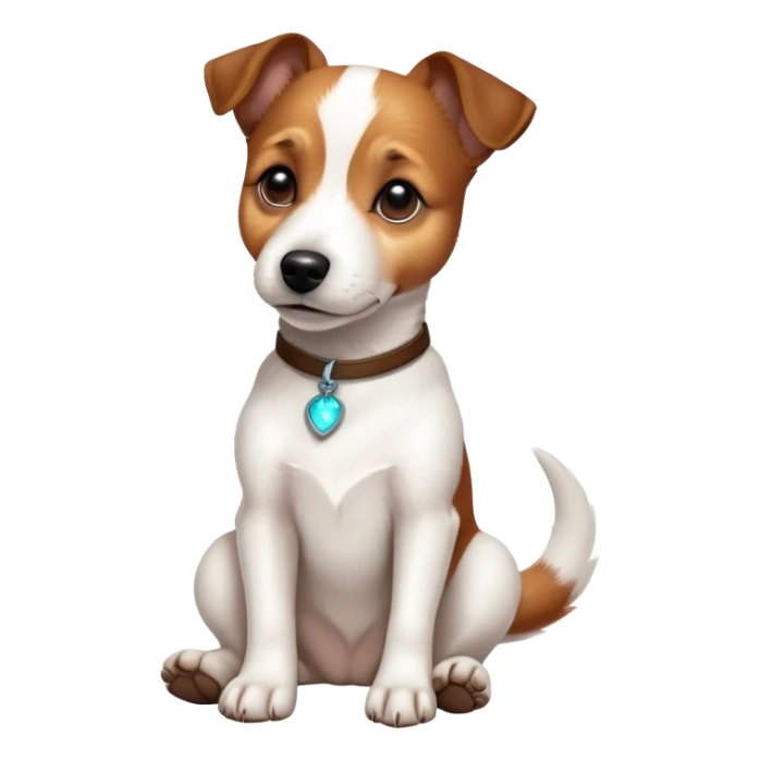 cinematic-[jack Russel terrier]-realistic-full-body-sitting-emoji,-tail-resting-loosely-beside-its-paws,-head-tilted-dramatically, -sleek-[brown and white]-fur,-simplified-yet-realistic-focused-features,-highly-detailed,-glowing-with-an-almost-sarcastic-glow sticker
